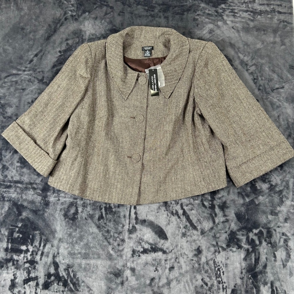 Spense Woman Blazer Jacket Womens 2X Brown Herringbone Cropped Short Sleeve NWT